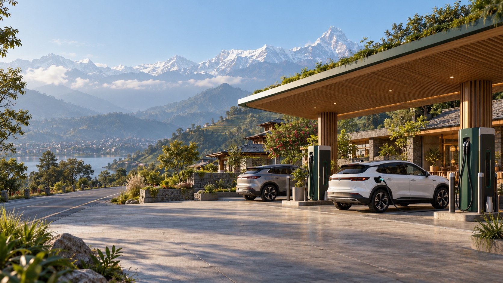 AI-generated concept: a charging stop with a Himalayan backdrop in Nepal